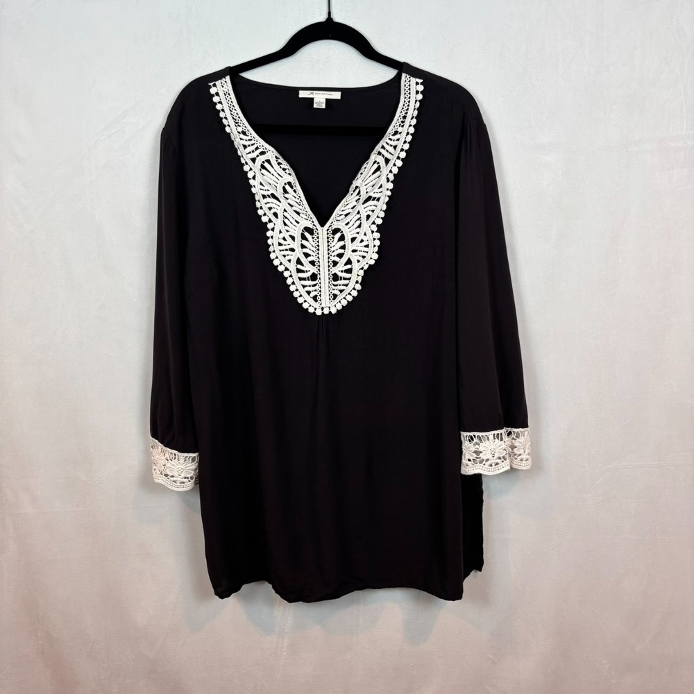 JM Collection Womens Black White Lace Trim Boho Stretch Blouse Size 16 Comfort‎